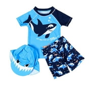 Odeerbi Boys Swimsuit Toddler Baby Kids Cartoon Letter Shark Print Shark Shorts with Hat Swimwear Sets Blue